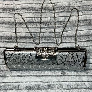 Silver Color Hard Cover Clutch with Rhinestone Closure & Inside Zipper
